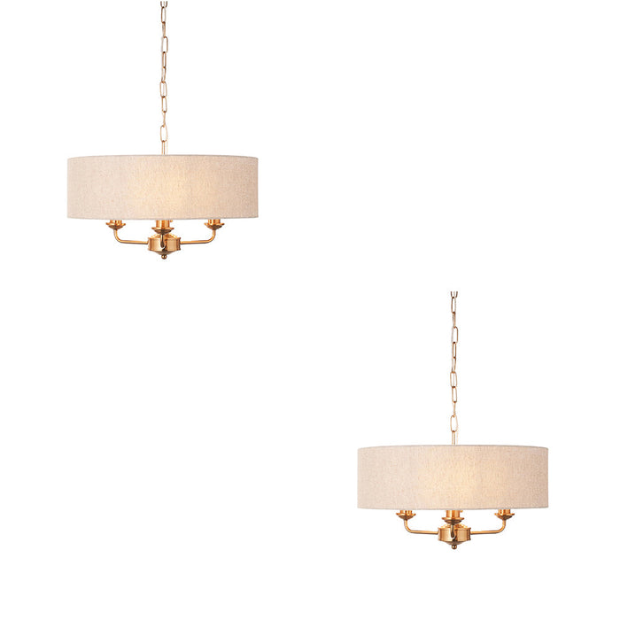 2 PACK Hanging Ceiling Pendant Light - Vintage brass & natural linen - 3 x 6W LED E14