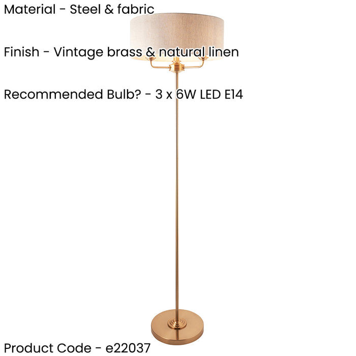 2 PACK 1600mm Tall Floor Lamp - Vintage brass & natural linen - 3 x 6W LED E14