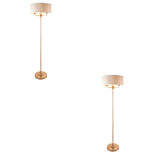 2 PACK 1600mm Tall Floor Lamp - Vintage brass & natural linen - 3 x 6W LED E14