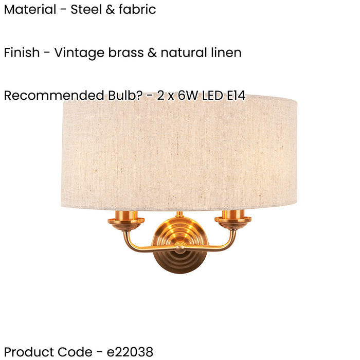 Dimmable Wall Light - Vintage brass & natural linen Shade - Sleek Modern Sconce - 2x 6W E14 LED
