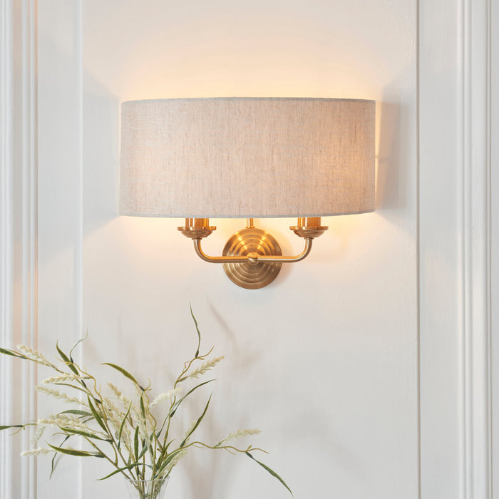 Dimmable Wall Light - Vintage brass & natural linen Shade - Sleek Modern Sconce - 2x 6W E14 LED