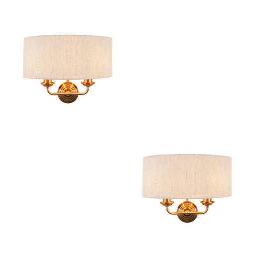2 PACK Dimmable Wall Light - Vintage brass & natural linen Shade - Sleek Modern Sconce - 2x 6W E14 LED