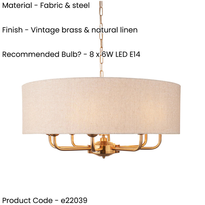 Hanging Ceiling Pendant Light - Vintage brass & natural linen - 8 x 6W LED E14