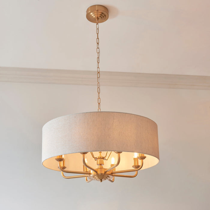 Hanging Ceiling Pendant Light - Vintage brass & natural linen - 8 x 6W LED E14