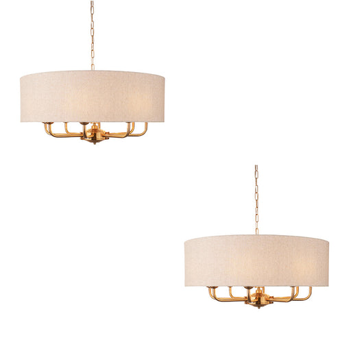 2 PACK Hanging Ceiling Pendant Light - Vintage brass & natural linen - 8 x 6W LED E14