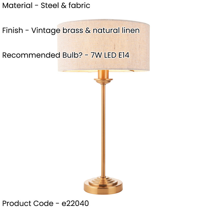 Table Lamp & Shade - Vintage brass & natural linen - 7W LED E14