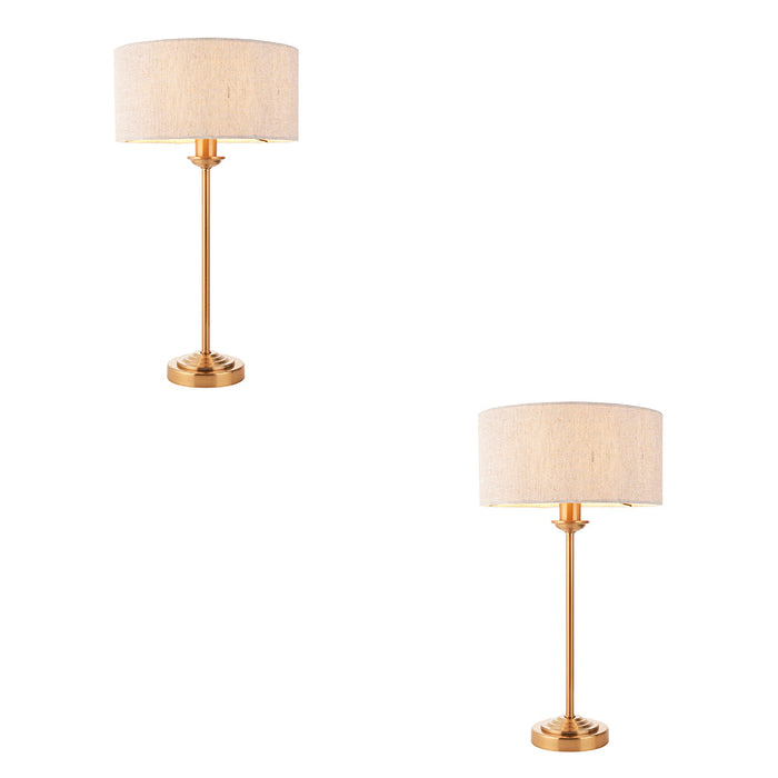 2 PACK Table Lamp & Shade - Vintage brass & natural linen - 7W LED E14