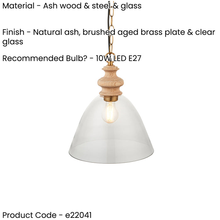 2 PACK Hanging Ceiling Pendant Light - Natural ash, brushed aged brass plate & clear glass - 10W LED E27