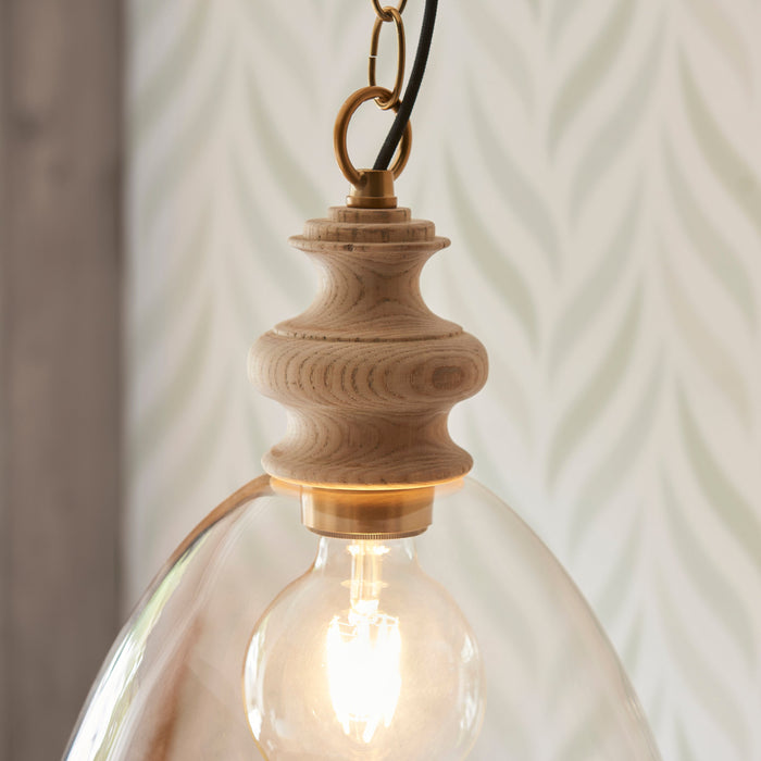 Hanging Ceiling Pendant Light - Natural ash, brushed aged brass plate & clear glass - 10W LED E27