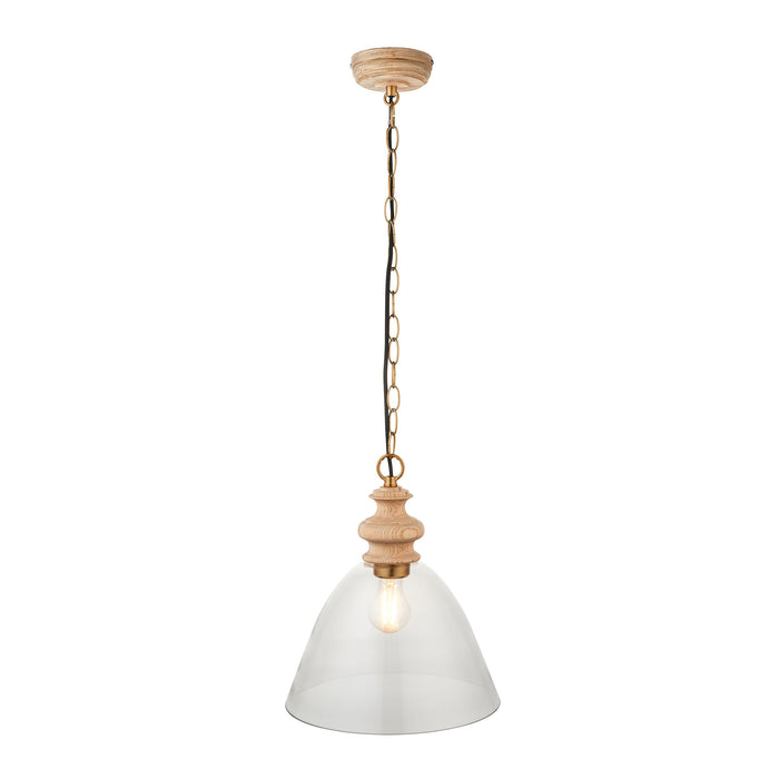 Hanging Ceiling Pendant Light - Natural ash, brushed aged brass plate & clear glass - 10W LED E27