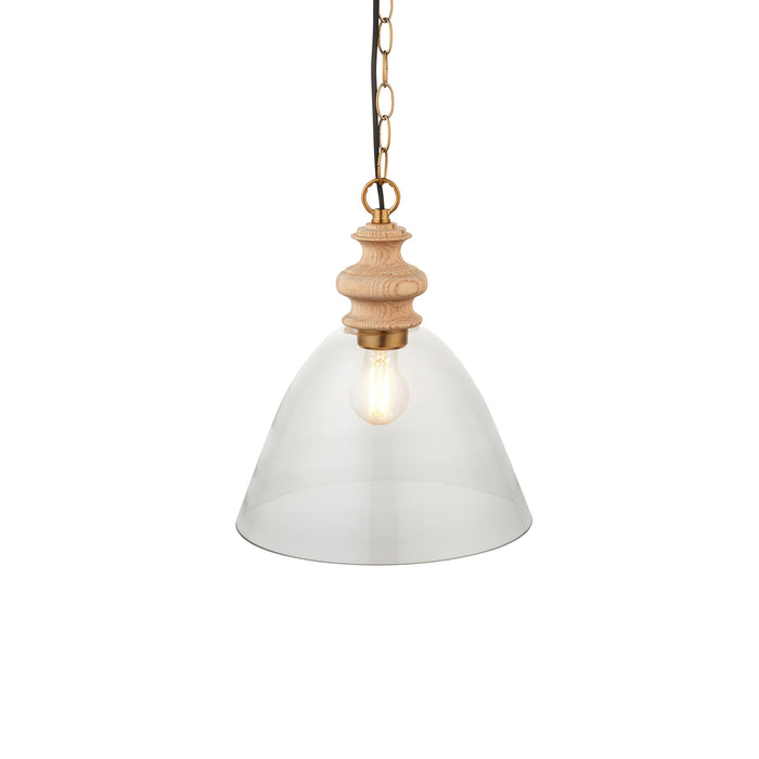 Hanging Ceiling Pendant Light - Natural ash, brushed aged brass plate & clear glass - 10W LED E27