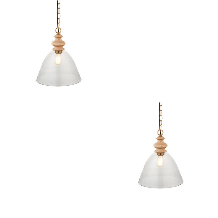 2 PACK Hanging Ceiling Pendant Light - Natural ash, brushed aged brass plate & clear glass - 10W LED E27