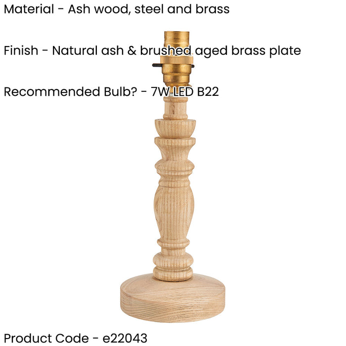Table Lamp Base Only - Natural ash & brushed aged brass plate - 7W LED B22
