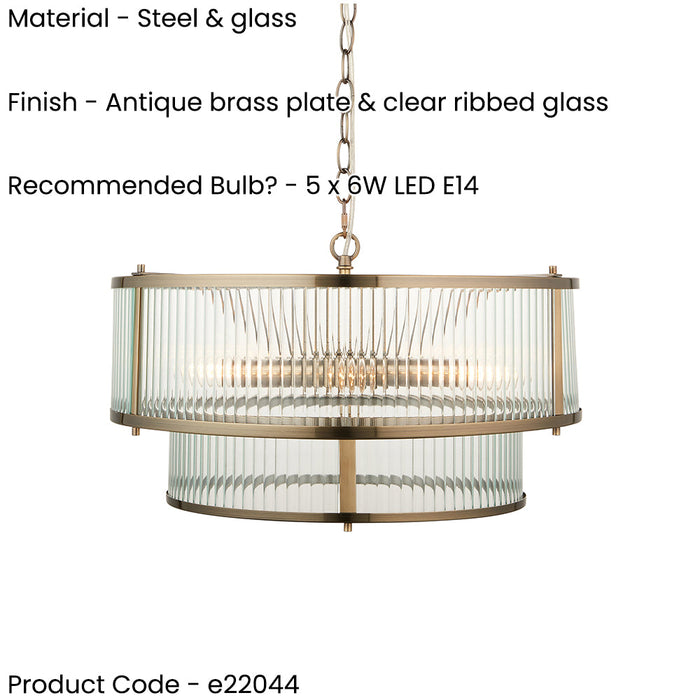 2 PACK Hanging Ceiling Pendant Light - Antique brass plate & clear ribbed glass - 5 x 6W LED E14