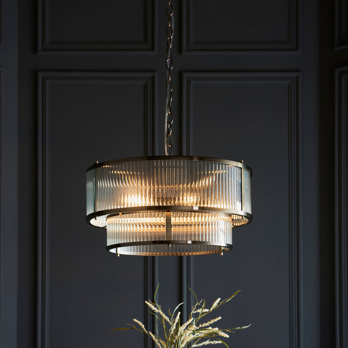 Hanging Ceiling Pendant Light - Antique brass plate & clear ribbed glass - 5 x 6W LED E14