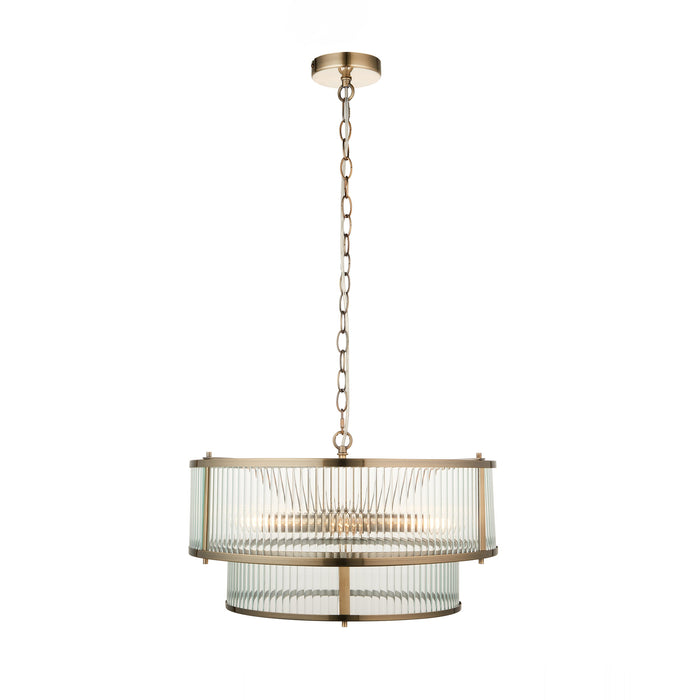 2 PACK Hanging Ceiling Pendant Light - Antique brass plate & clear ribbed glass - 5 x 6W LED E14