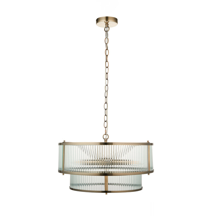 Hanging Ceiling Pendant Light - Antique brass plate & clear ribbed glass - 5 x 6W LED E14