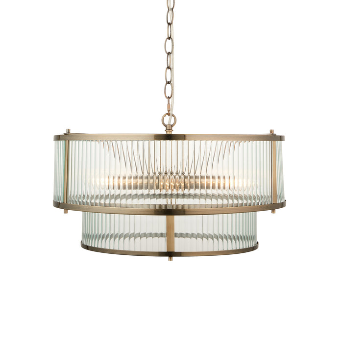 Hanging Ceiling Pendant Light - Antique brass plate & clear ribbed glass - 5 x 6W LED E14