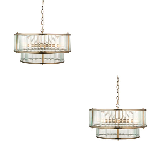 2 PACK Hanging Ceiling Pendant Light - Antique brass plate & clear ribbed glass - 5 x 6W LED E14
