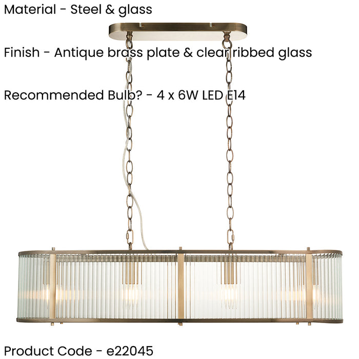 2 PACK Hanging Ceiling Pendant Light - Antique brass plate & clear ribbed glass - 4 x 6W LED E14