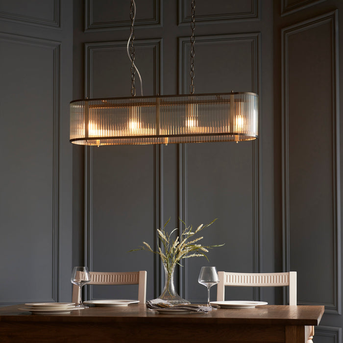 Hanging Ceiling Pendant Light - Antique brass plate & clear ribbed glass - 4 x 6W LED E14