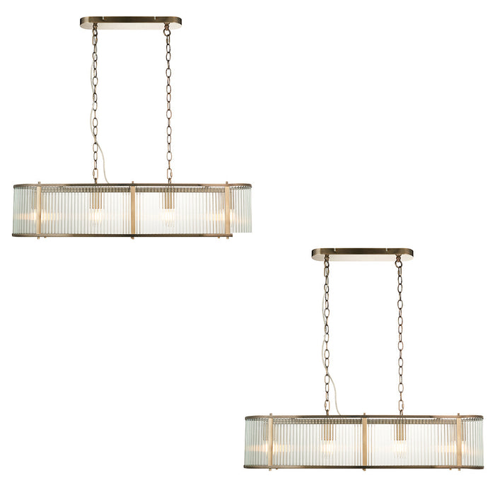 2 PACK Hanging Ceiling Pendant Light - Antique brass plate & clear ribbed glass - 4 x 6W LED E14
