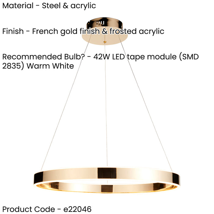 Hanging Ceiling Pendant Light - French gold finish & frosted acrylic - 42W LED module Warm White