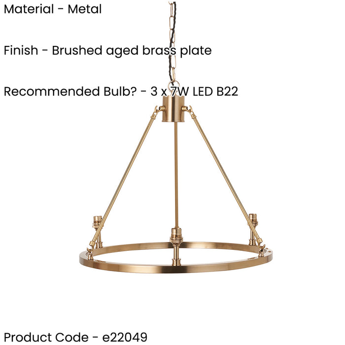 Hanging Ceiling Pendant Light - Brushed aged brass plate - 3 x 7W LED B22