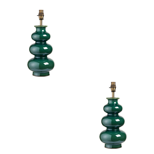 2 PACK Table Lamp Base Only - Gloss green reactive glaze & brushed aged brass plate - 10W LED B22