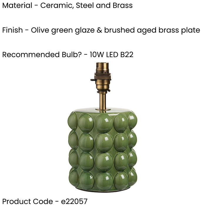 Table Lamp Base Only - Olive green glaze & brushed aged brass plate - 10W LED B22