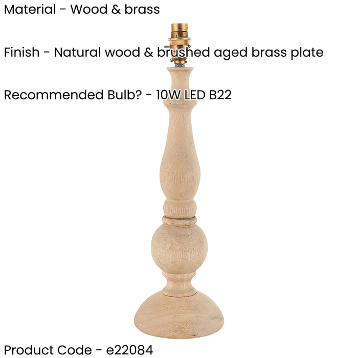 2 PACK Table Lamp Base Only - Natural wood & brushed aged brass plate - 10W LED B22