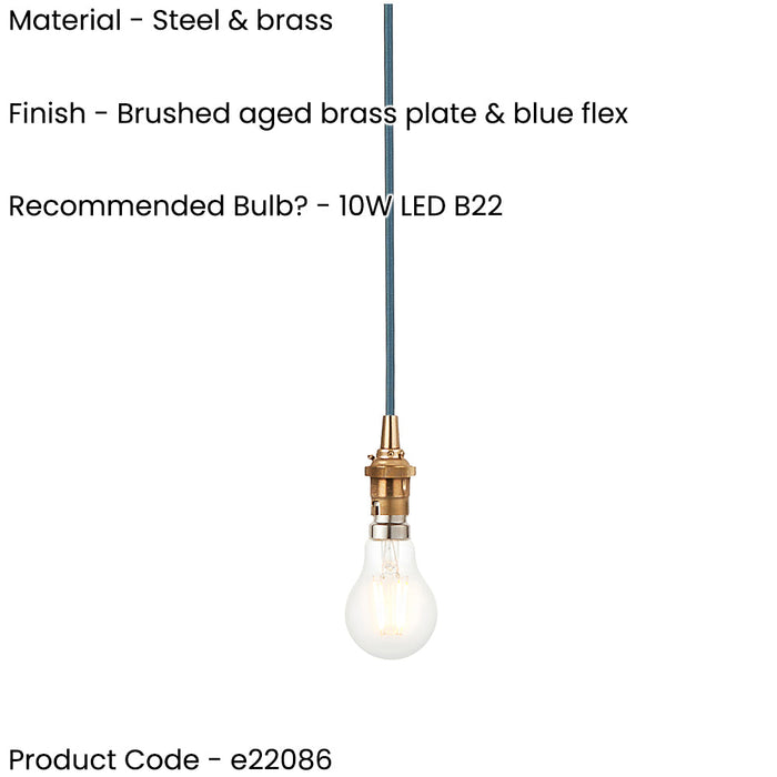 2 PACK Hanging Ceiling Pendant Light - Brushed aged brass plate & blue flex - 10W LED B22