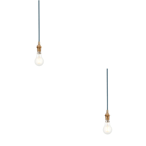 2 PACK Hanging Ceiling Pendant Light - Brushed aged brass plate & blue flex - 10W LED B22