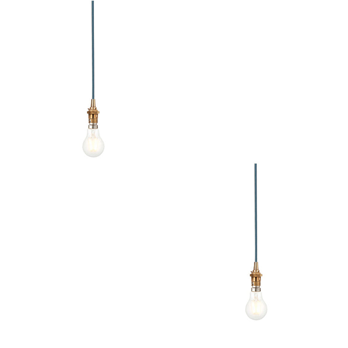 2 PACK Hanging Ceiling Pendant Light - Brushed aged brass plate & blue flex - 10W LED B22