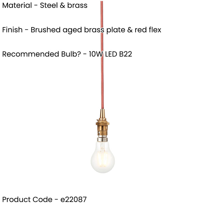 Hanging Ceiling Pendant Light - Brushed aged brass plate & red flex - 10W LED B22