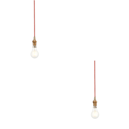 2 PACK Hanging Ceiling Pendant Light - Brushed aged brass plate & red flex - 10W LED B22