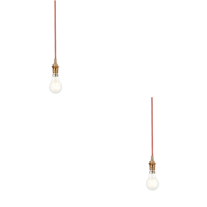 2 PACK Hanging Ceiling Pendant Light - Brushed aged brass plate & red flex - 10W LED B22