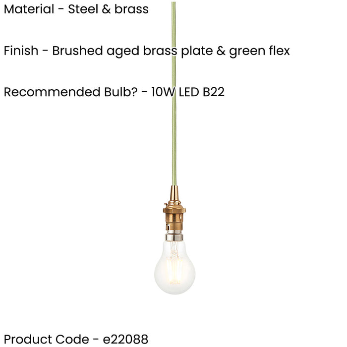 Hanging Ceiling Pendant Light - Brushed aged brass plate & green flex - 10W LED B22