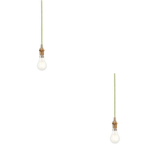 2 PACK Hanging Ceiling Pendant Light - Brushed aged brass plate & green flex - 10W LED B22