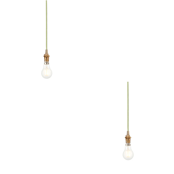 2 PACK Hanging Ceiling Pendant Light - Brushed aged brass plate & green flex - 10W LED B22