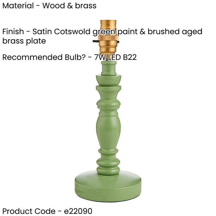 2 PACK Table Lamp Base Only - Satin Cotswold green paint & brushed aged brass plate - 7W LED B22