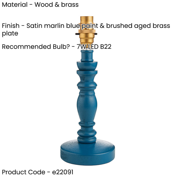 2 PACK Table Lamp Base Only - Satin marlin blue paint & brushed aged brass plate - 7W LED B22