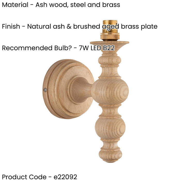 Dimmable Wall Light - Natural ash & brushed aged brass plate - Classic Wood Sconce