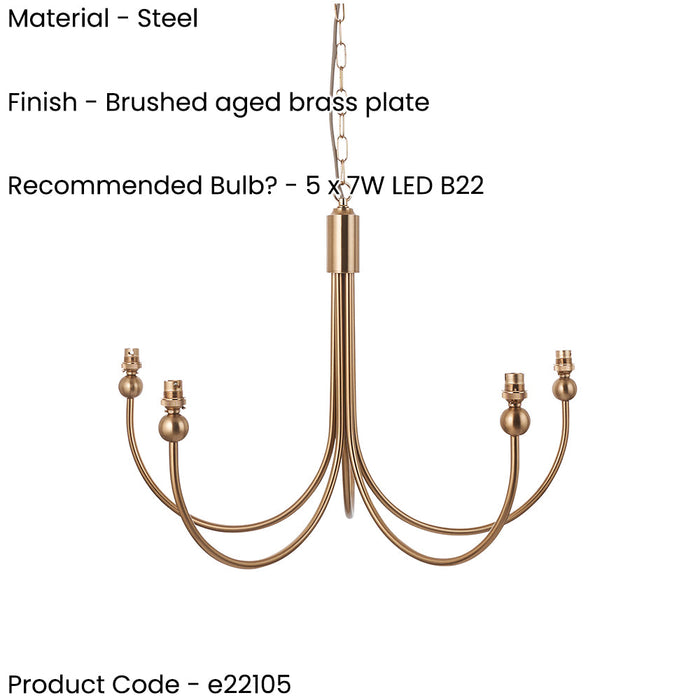 2 PACK Hanging Ceiling Pendant Light - Brushed aged brass plate - 5 x 7W LED B22