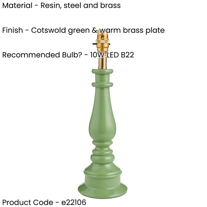 2 PACK Table Lamp Base Only - Cotswold green & warm brass plate - 10W LED B22
