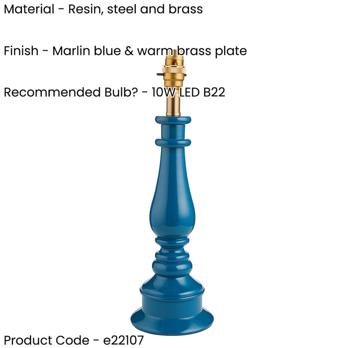 Table Lamp Base Only - Marlin blue & warm brass plate - 10W LED B22