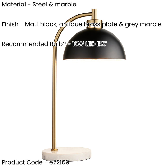 Table Lamp Task Light - Matt black, antique brass plate & grey marble - 10W LED E27