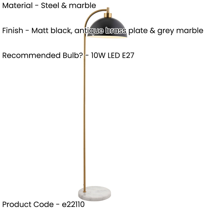 1450mm Tall Floor Lamp - Matt black, antique brass plate & grey marble - 10W LED E27