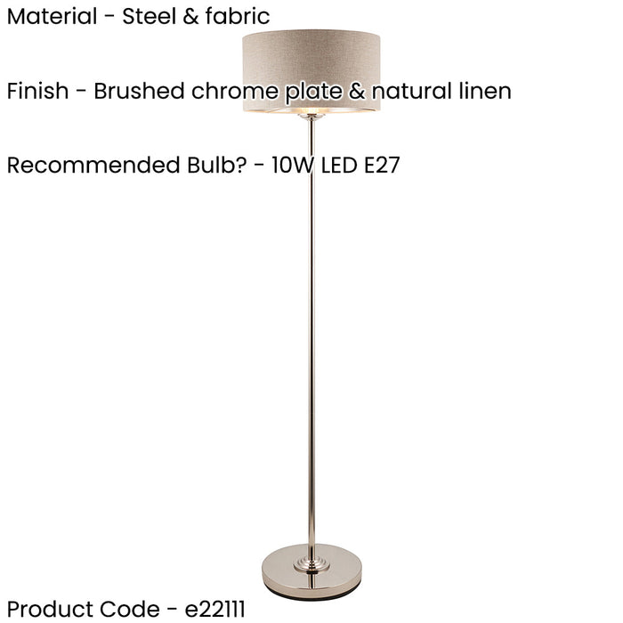 2 PACK 1500mm Tall Floor Lamp - Brushed chrome plate & natural linen - 10W LED E27