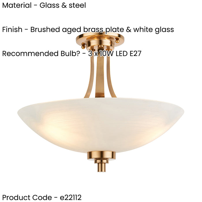 Semi Flush Ceiling Light - Brushed aged brass plate & white glass - 3 x 10W LED E27